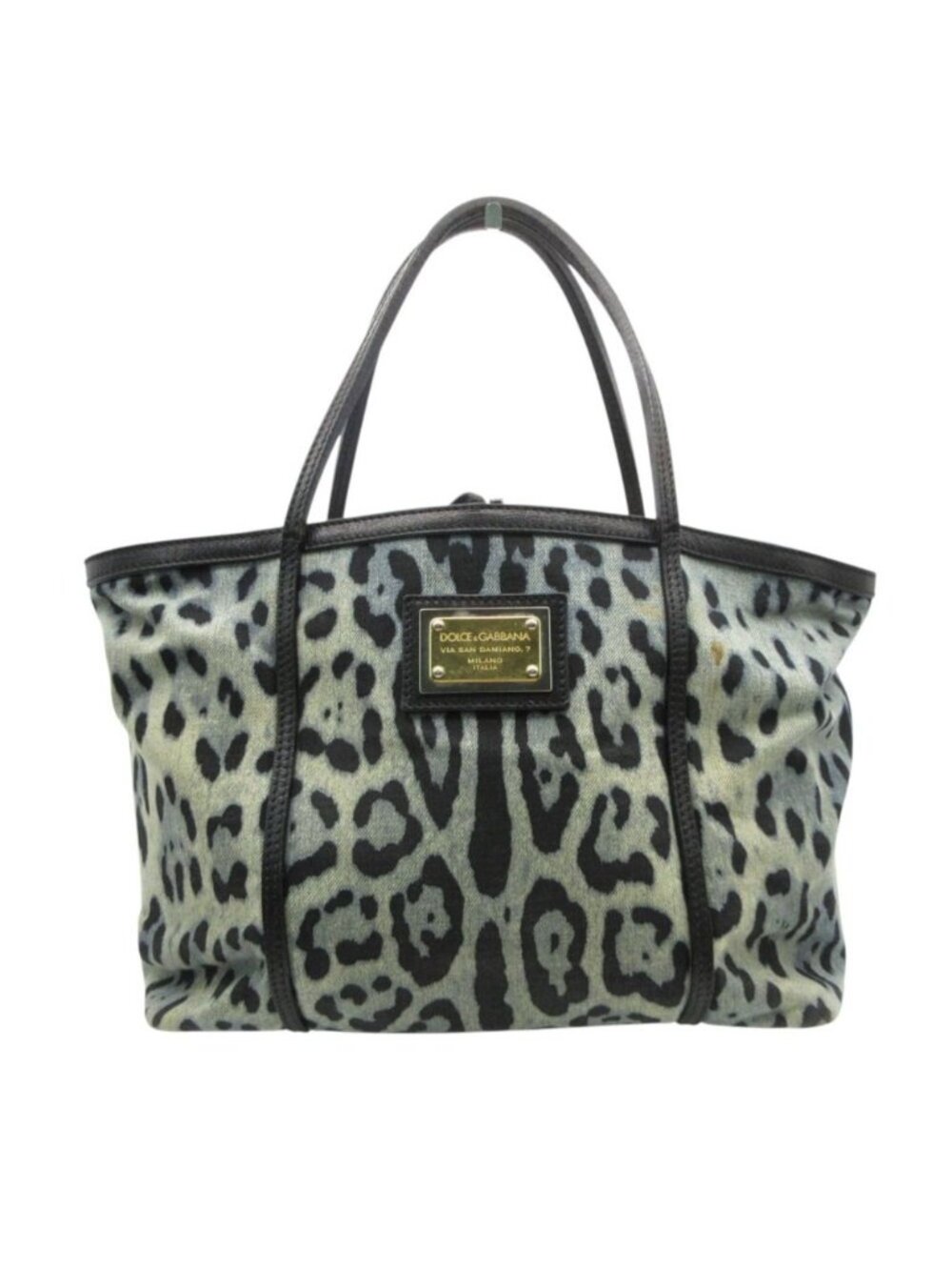 Dolce & Gabbana Tote Leopard Print Denim Leather Shoulder Bag Blue Black